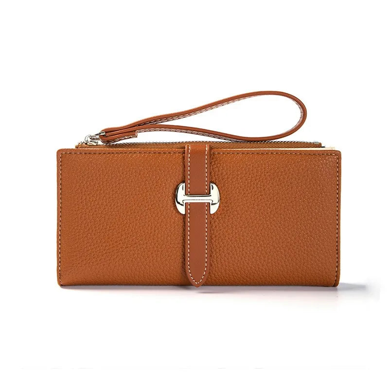 Women's Long PU Leather Wallet with Wrist Strap and Elegant Zipper Closure