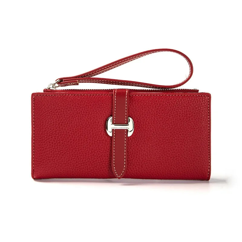 Women's Long PU Leather Wallet with Wrist Strap and Elegant Zipper Closure