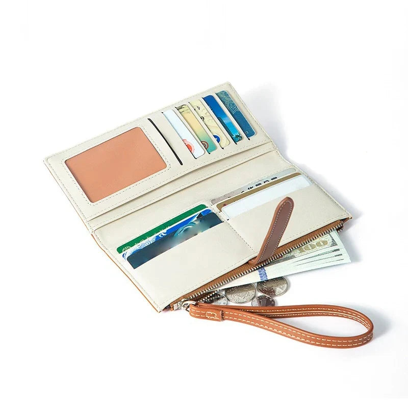 Women's Long PU Leather Wallet with Wrist Strap and Elegant Zipper Closure