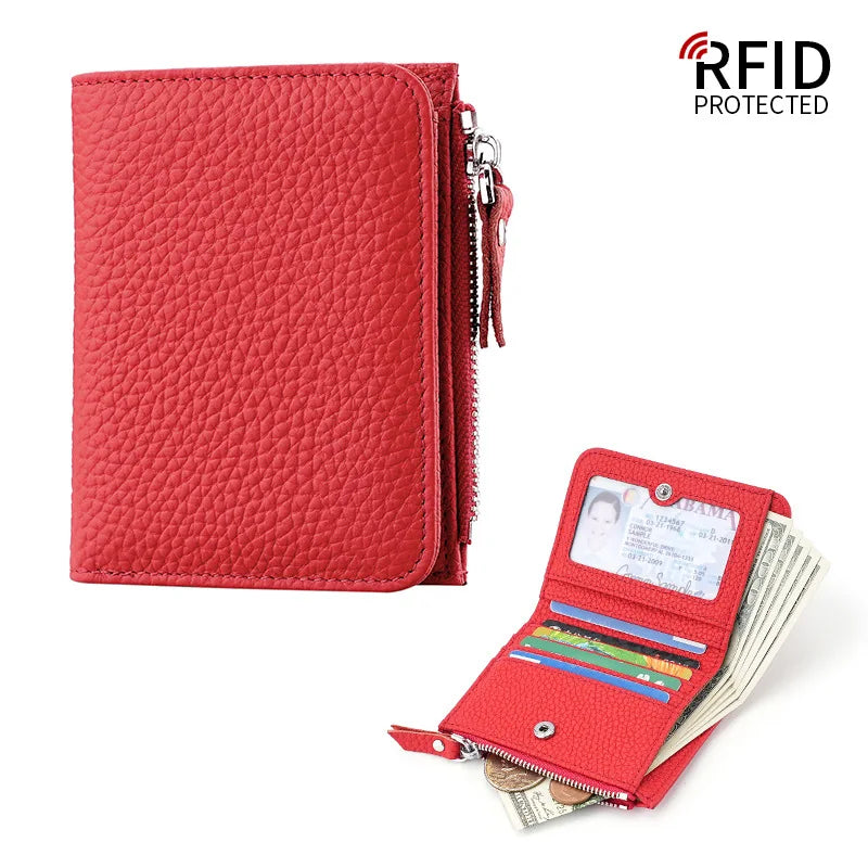 Compact Women's Genuine Leather RFID Wallet with Zip and Secure Card Holder