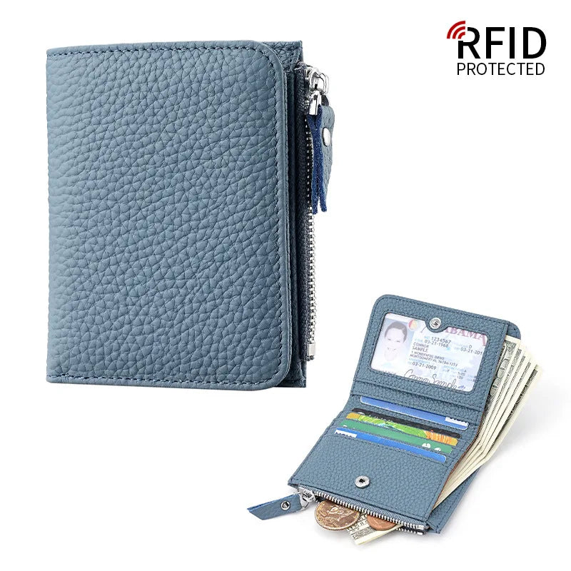 Compact Women's Genuine Leather RFID Wallet with Zip and Secure Card Holder