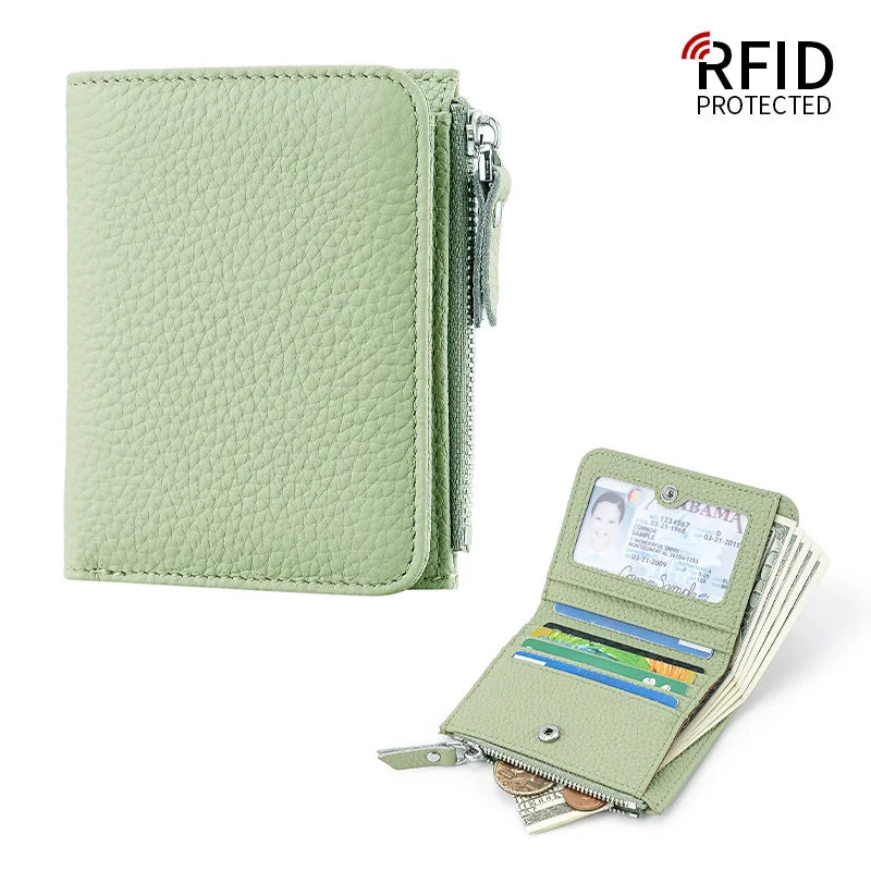 Compact Women's Genuine Leather RFID Wallet with Zip and Secure Card Holder