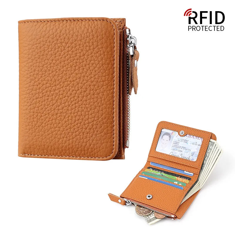 Compact Women's Genuine Leather RFID Wallet with Zip and Secure Card Holder