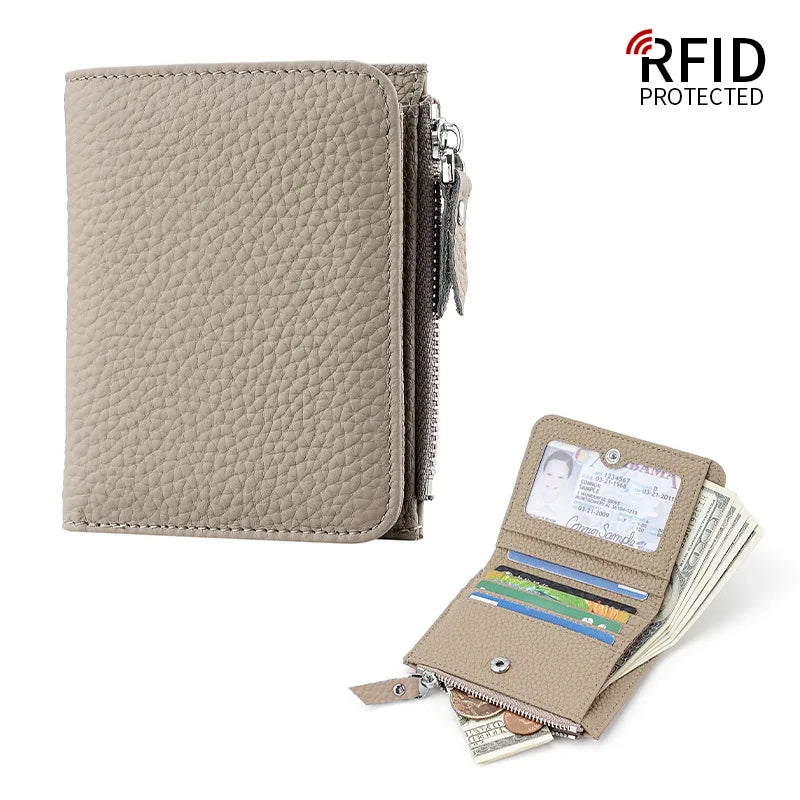 Compact Women's Genuine Leather RFID Wallet with Zip and Secure Card Holder