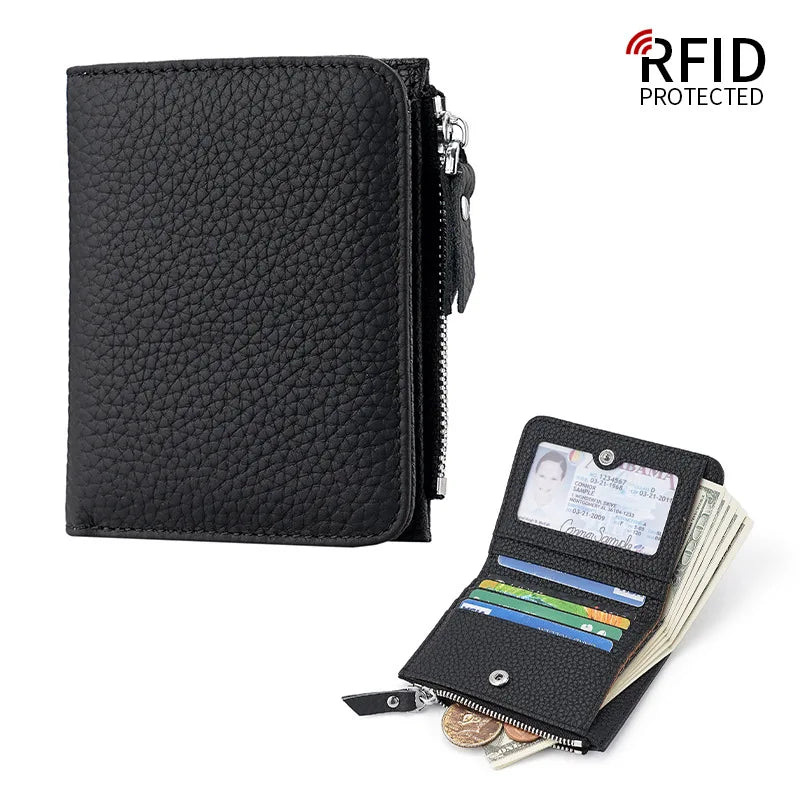 Compact Women's Genuine Leather RFID Wallet with Zip and Secure Card Holder