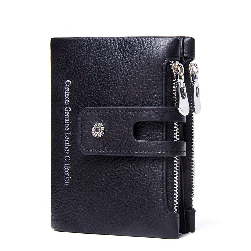 Compact Women's Genuine Leather RFID Wallet with Elegant Zip and Snap Closure