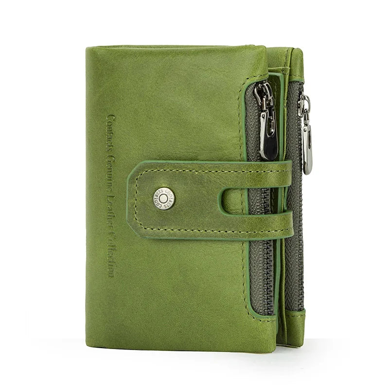 Compact Women's Genuine Leather RFID Wallet with Elegant Zip and Snap Closure