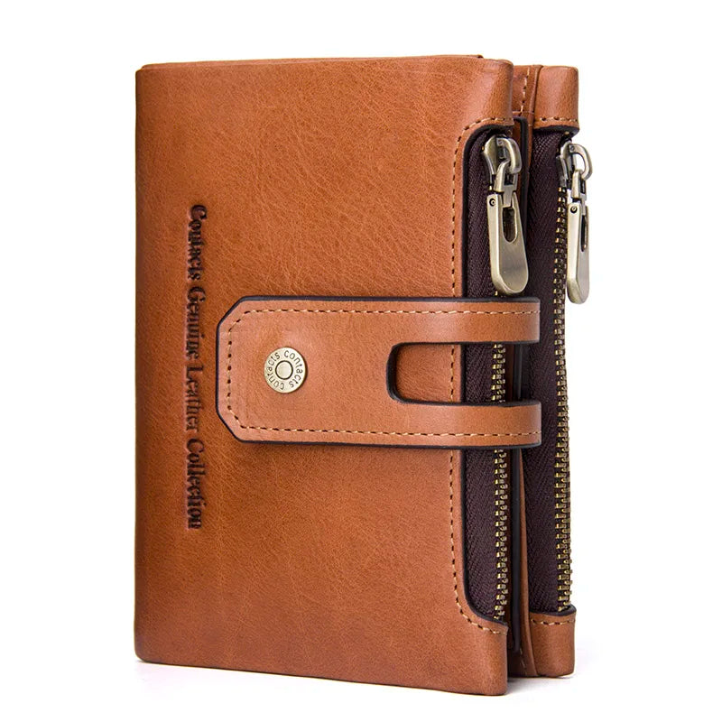 Compact Women's Genuine Leather RFID Wallet with Elegant Zip and Snap Closure