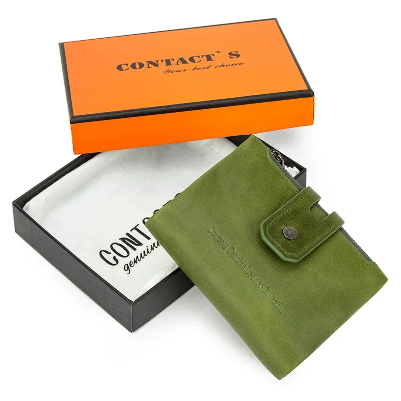 Compact Women's Genuine Leather RFID Wallet with Elegant Zip and Snap Closure