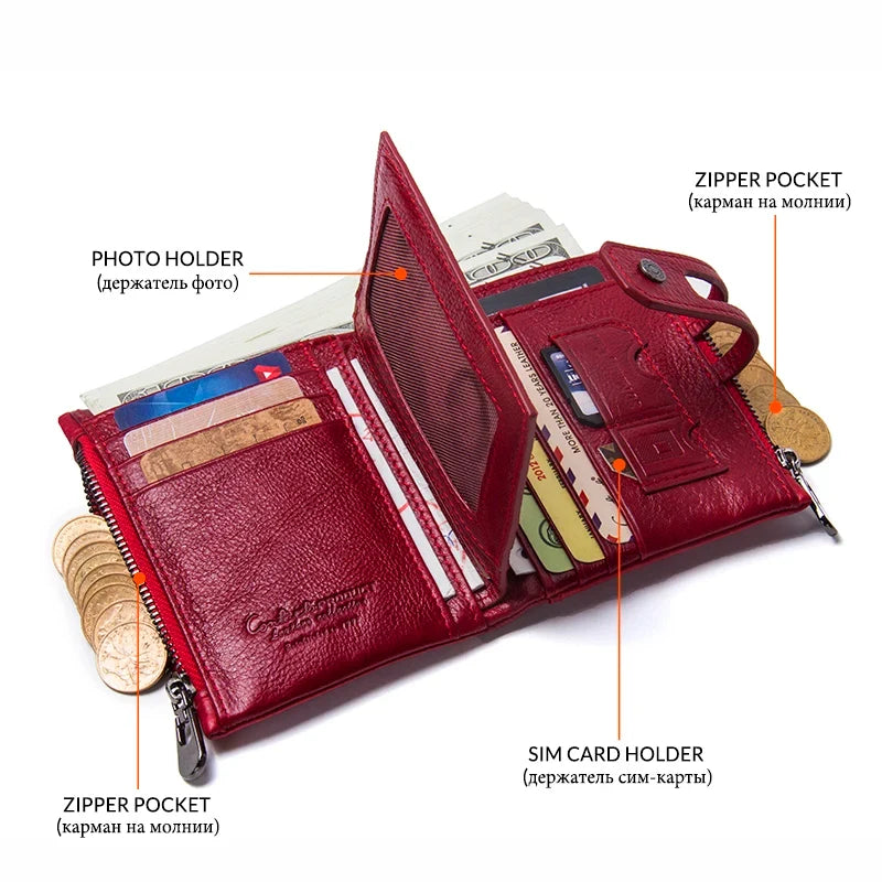 Compact Women's Genuine Leather RFID Wallet with Elegant Zip and Snap Closure Image