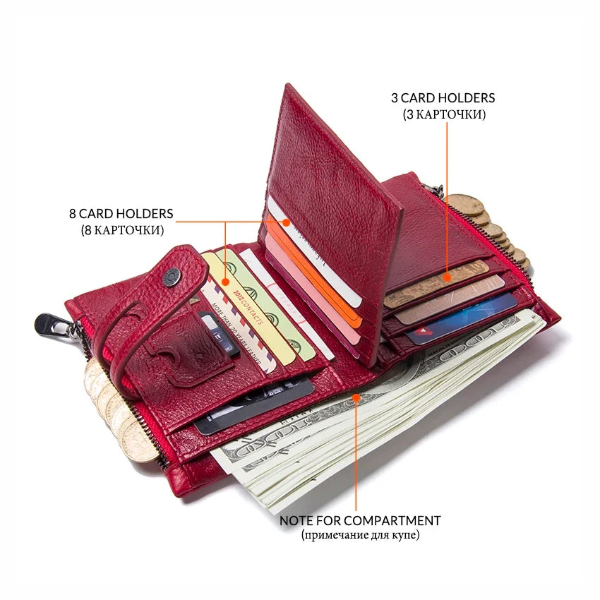 Compact Women's Genuine Leather RFID Wallet with Elegant Zip and Snap Closure Image