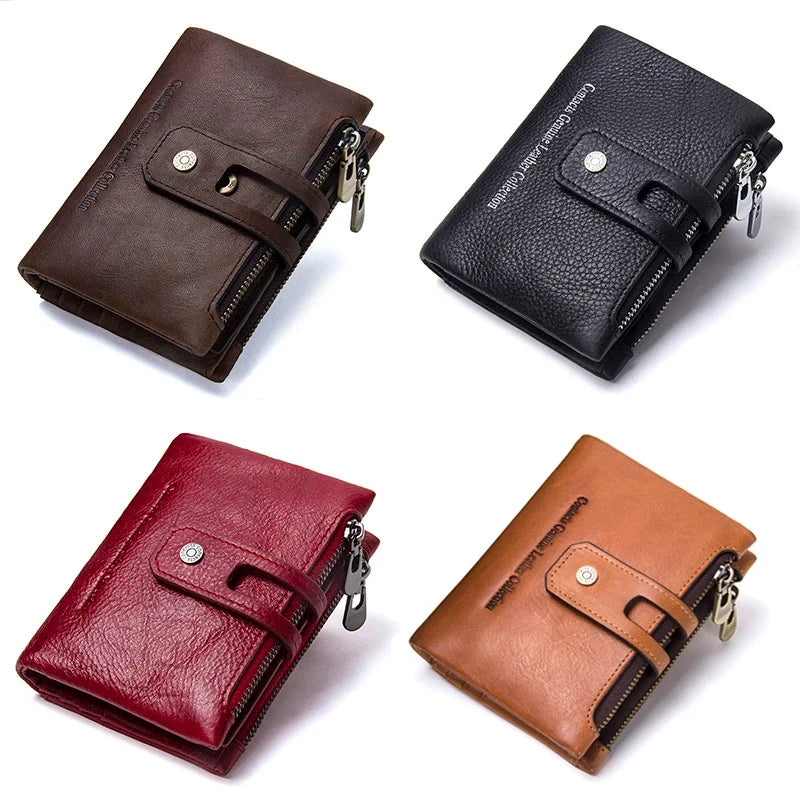 Compact Women's Genuine Leather RFID Wallet with Elegant Zip and Snap Closure