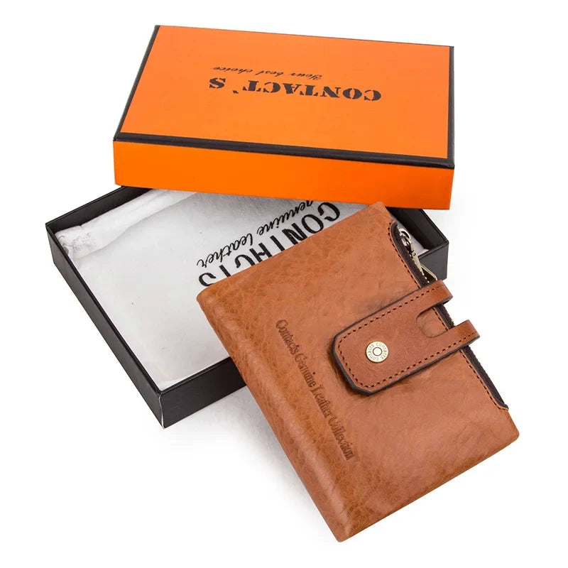 Compact Women's Genuine Leather RFID Wallet with Elegant Zip and Snap Closure