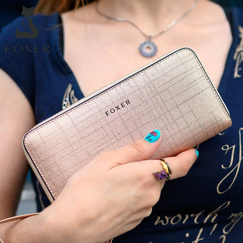 Women's Long Genuine Saffiano Leather Wallet with Zip and Detachable Wrist Strap