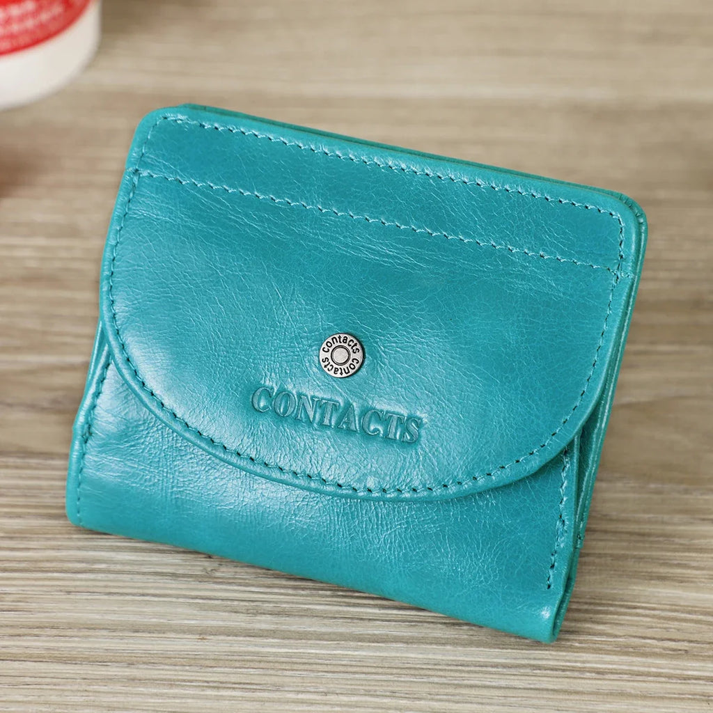 Compact Women's Genuine Leather Wallet with Card Holder and Double Coin Compartment