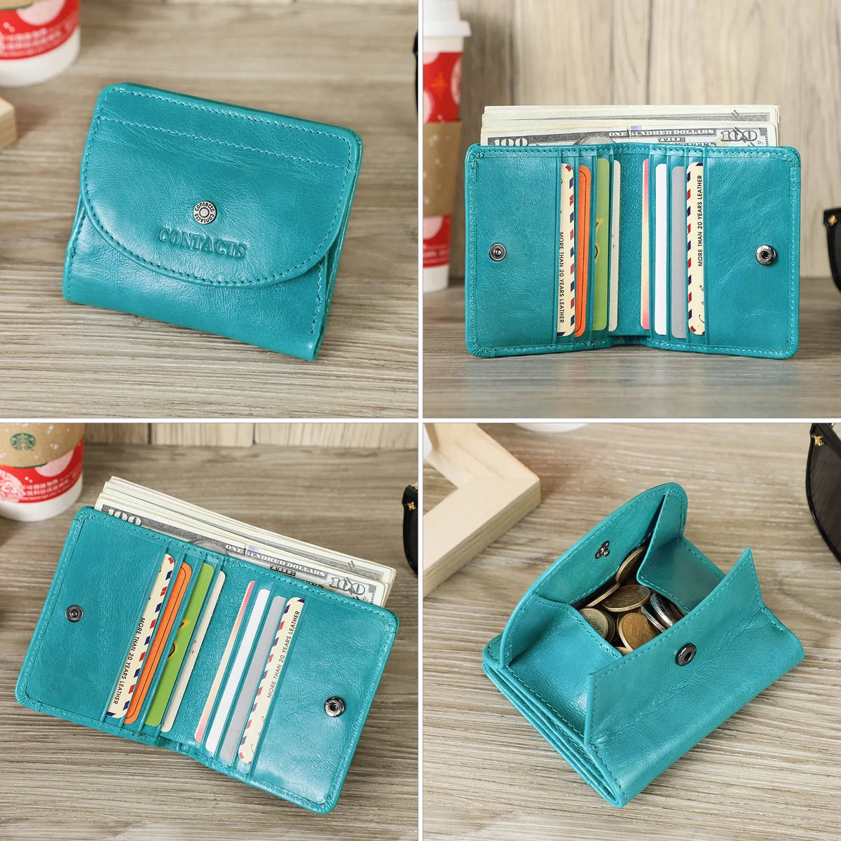 Compact Women's Genuine Leather Wallet with Card Holder and Double Coin Compartment