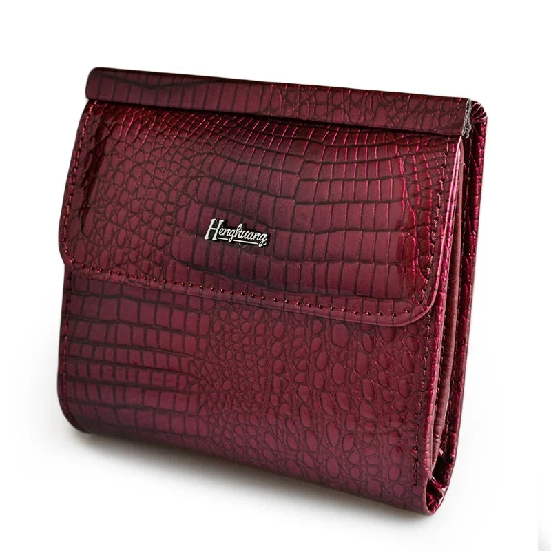 Compact Women's Genuine Leather Crocodile Pattern Wallet with Elegant Snap