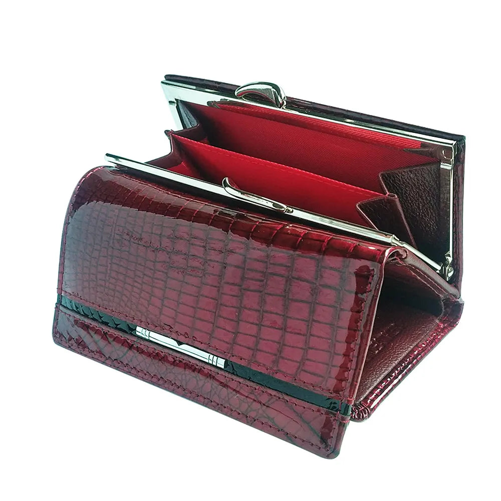 Compact Women's Genuine Patent Leather Wallet with Crocodile Effect and Metal Clasp