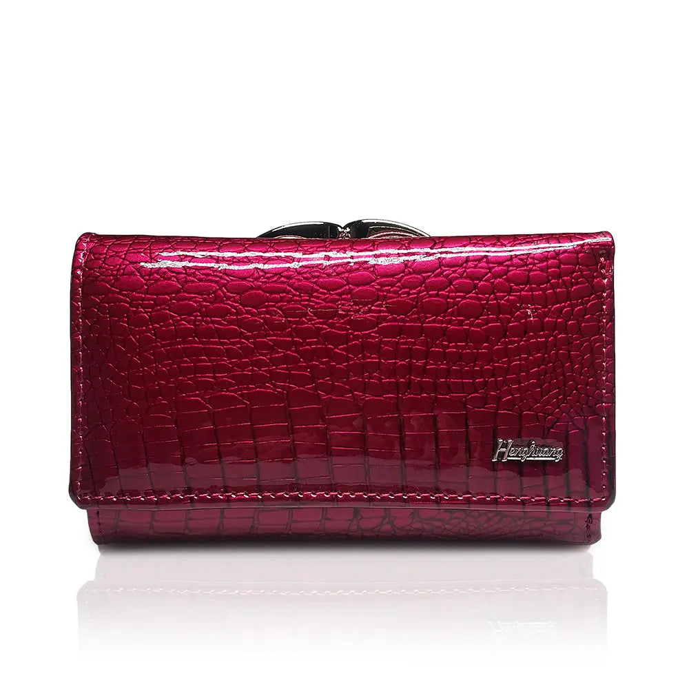 Compact Women's Genuine Patent Leather Wallet with Crocodile Effect and Metal Clasp