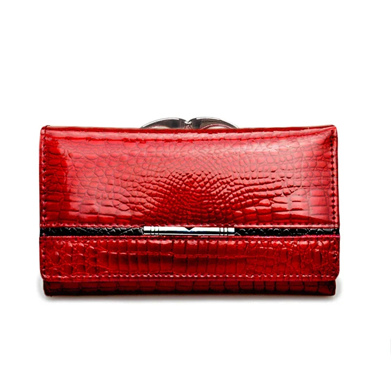 Compact Women's Genuine Patent Leather Wallet with Crocodile Effect and Metal Clasp