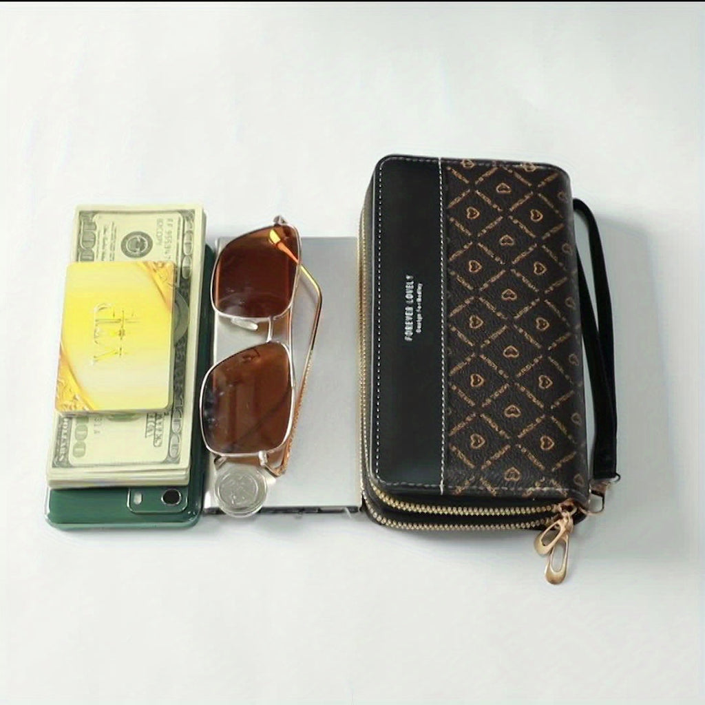 Women's Double Zip Wallet, Heart Print, 8 Card Slots