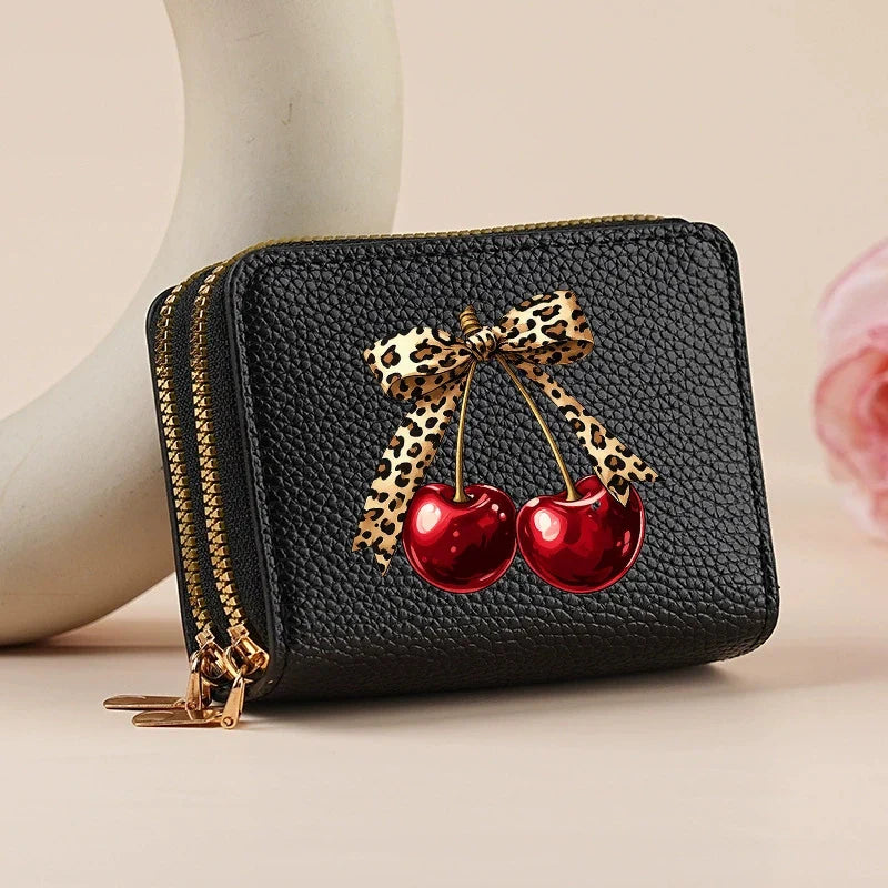 Mini double zip wallet for women with leopard and cherry patterns