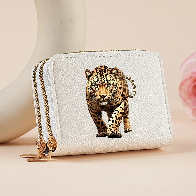 Mini double zip wallet for women with leopard and cherry patterns