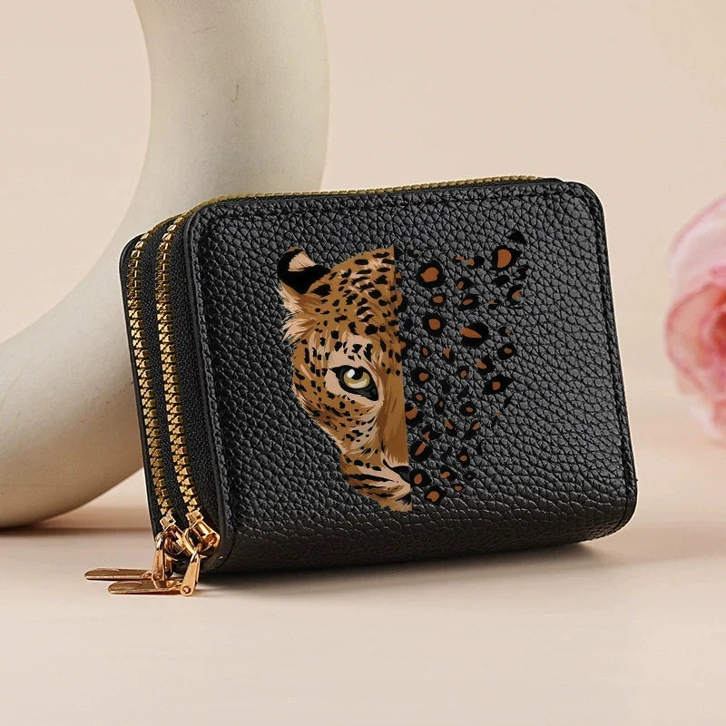 Mini double zip wallet for women with leopard and cherry patterns