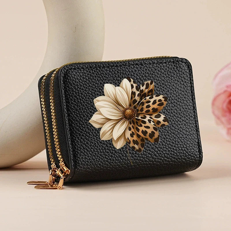 Mini double zip wallet for women with leopard and cherry patterns