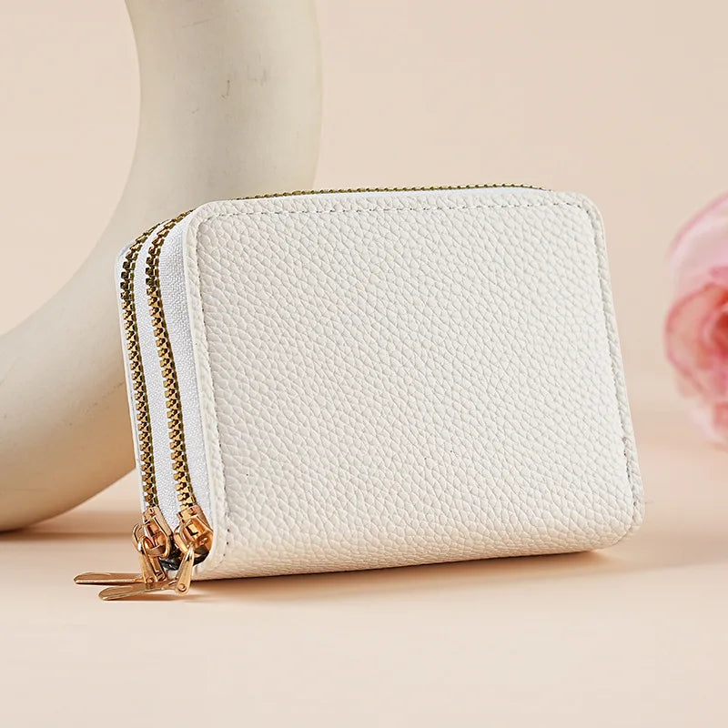 Mini double zip wallet for women with leopard and cherry patterns