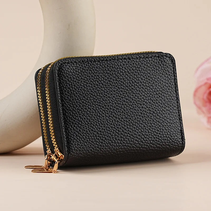 Mini double zip wallet for women with leopard and cherry patterns