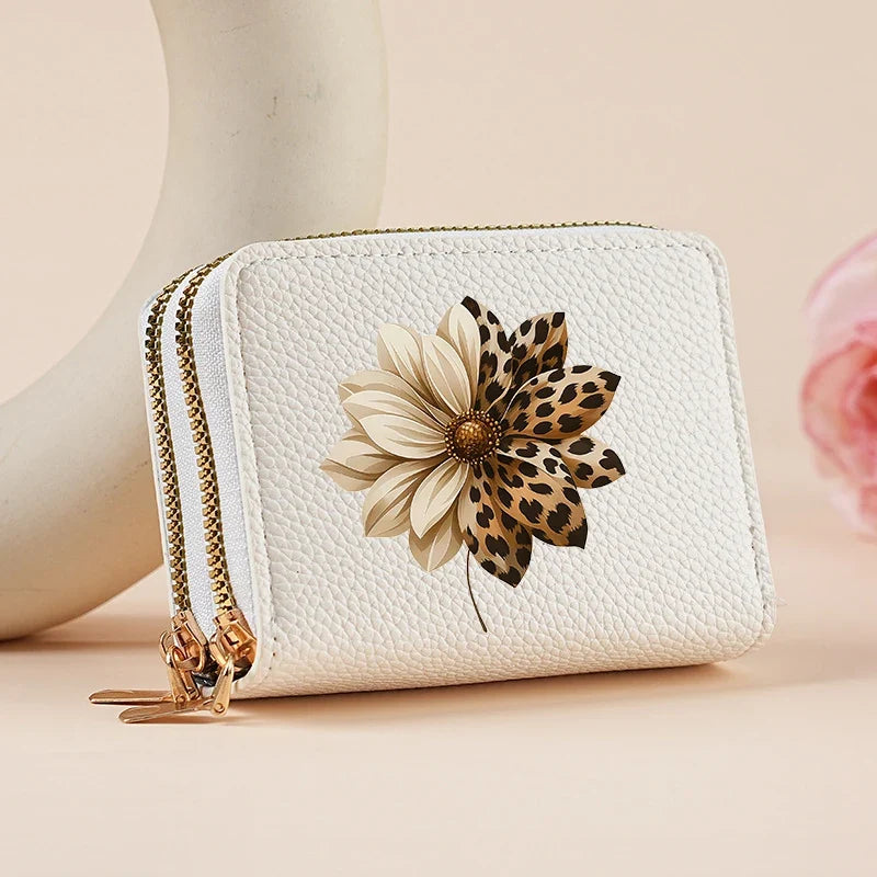 Mini double zip wallet for women with leopard and cherry patterns