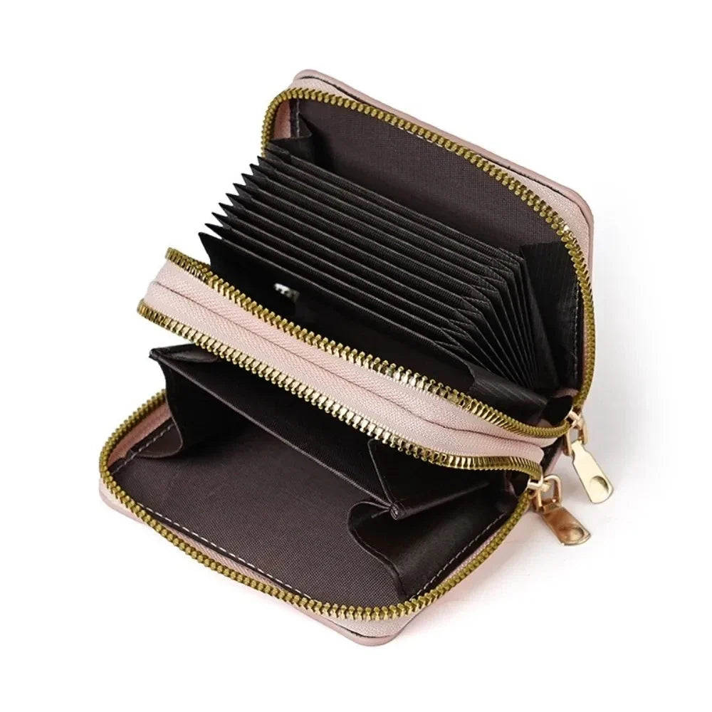 Mini double zip wallet for women with leopard and cherry patterns