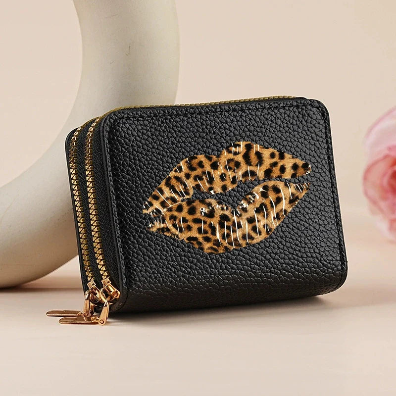 Mini double zip wallet for women with leopard and cherry patterns