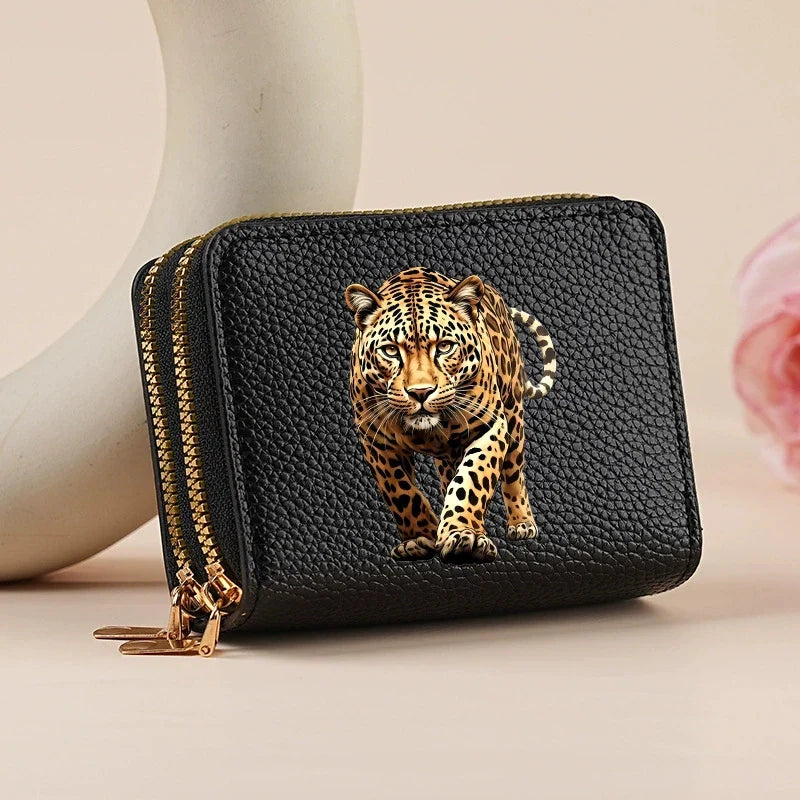 Mini double zip wallet for women with leopard and cherry patterns