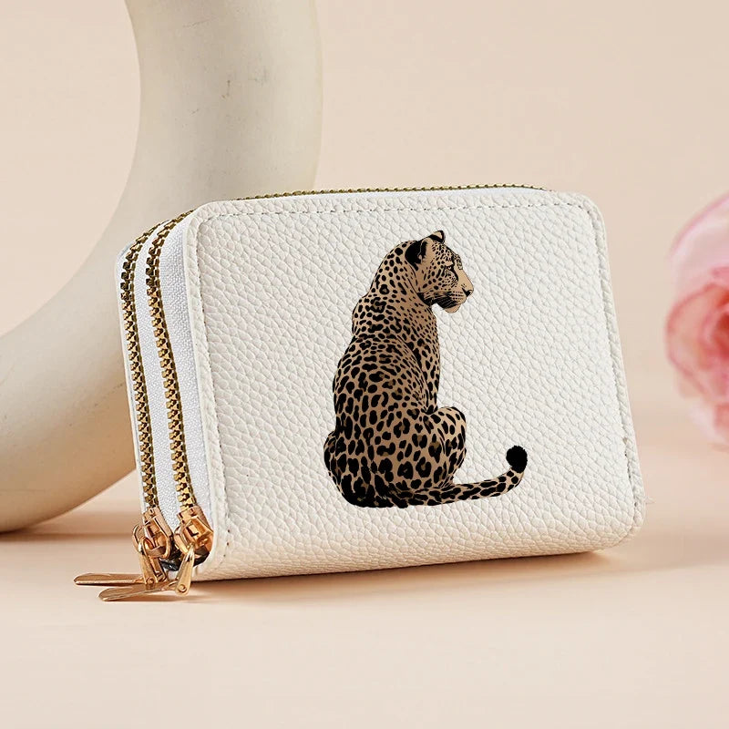 Mini double zip wallet for women with leopard and cherry patterns
