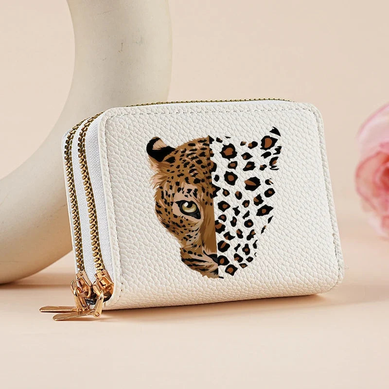 Mini double zip wallet for women with leopard and cherry patterns