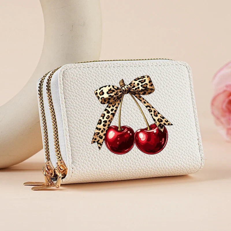 Mini double zip wallet for women with leopard and cherry patterns