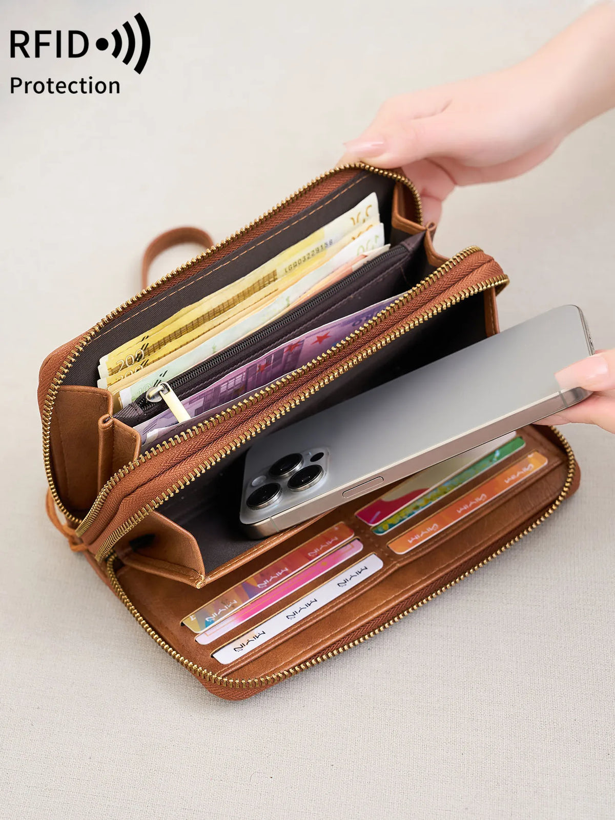 Women's Double Zip Wallet with RFID Protection and Multiple Slots Image