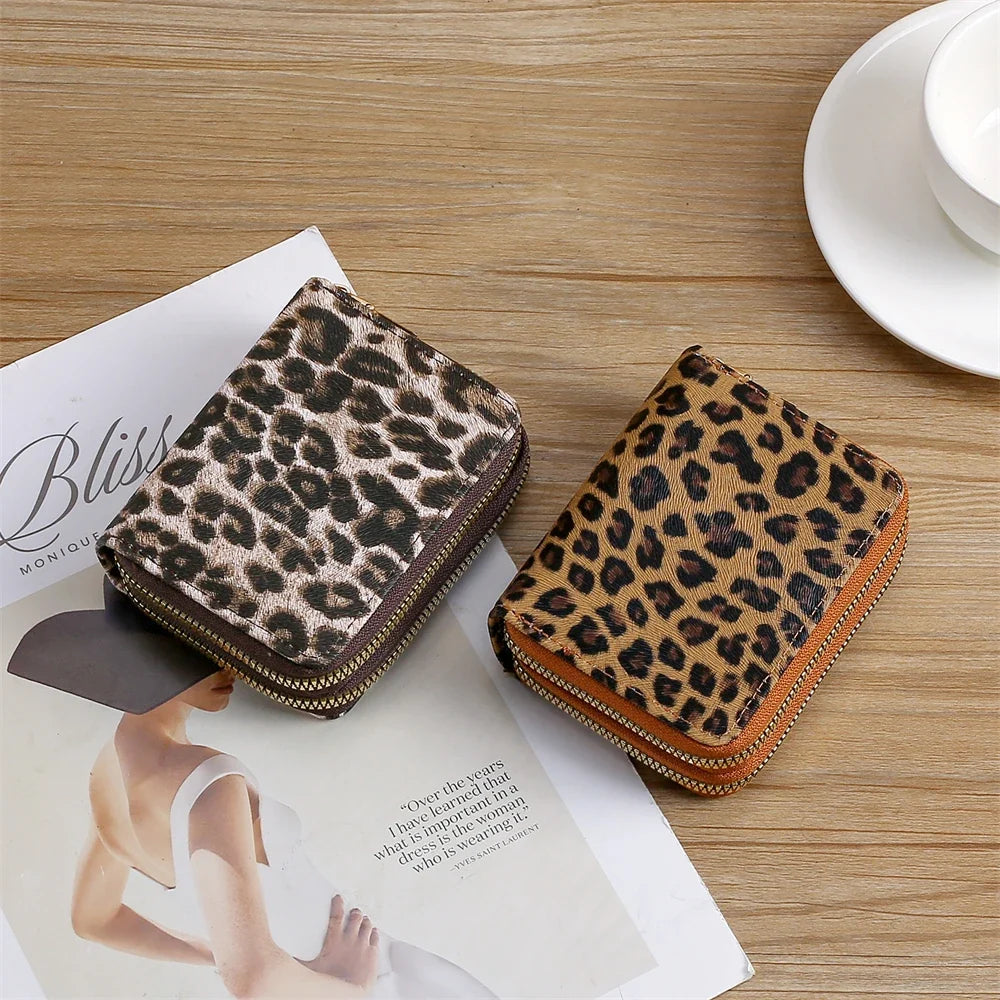 Compact Women's Leopard Print PU Leather Wallet with Double Zip and Large Capacity