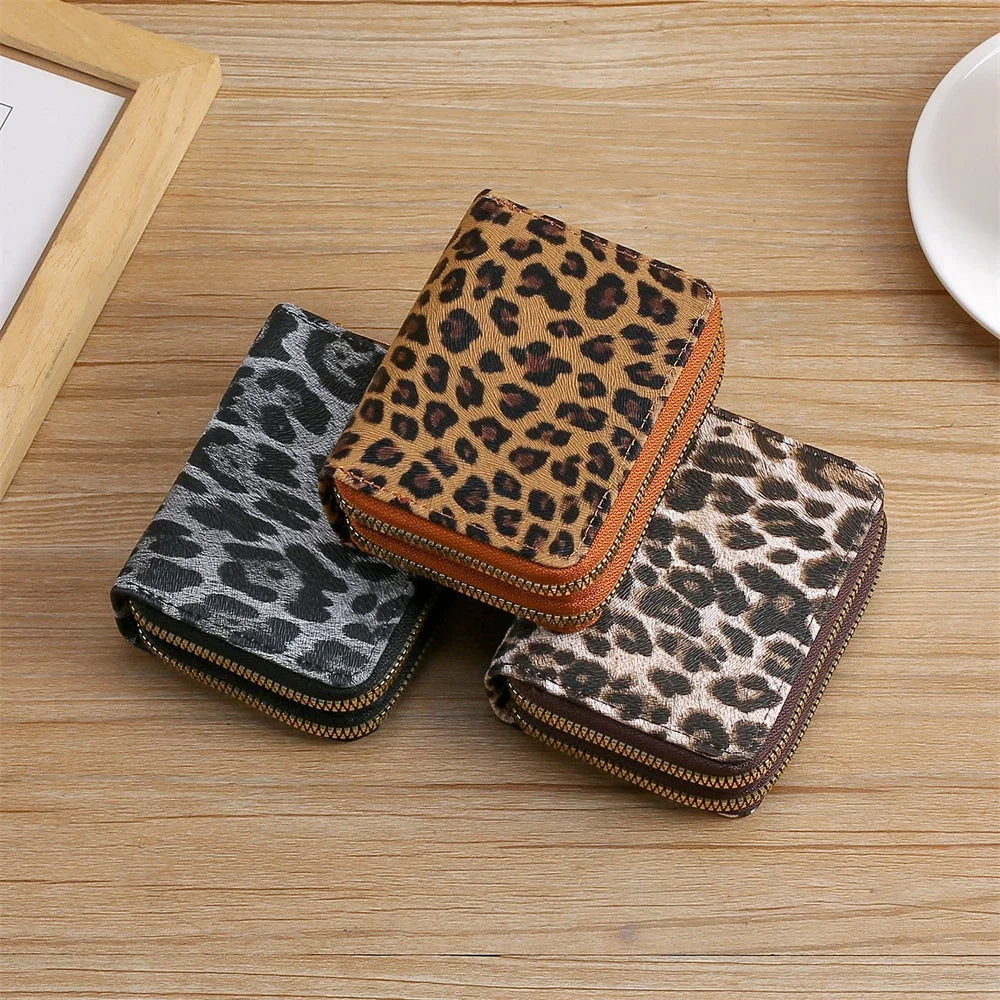Compact Women's Leopard Print PU Leather Wallet with Double Zip and Large Capacity