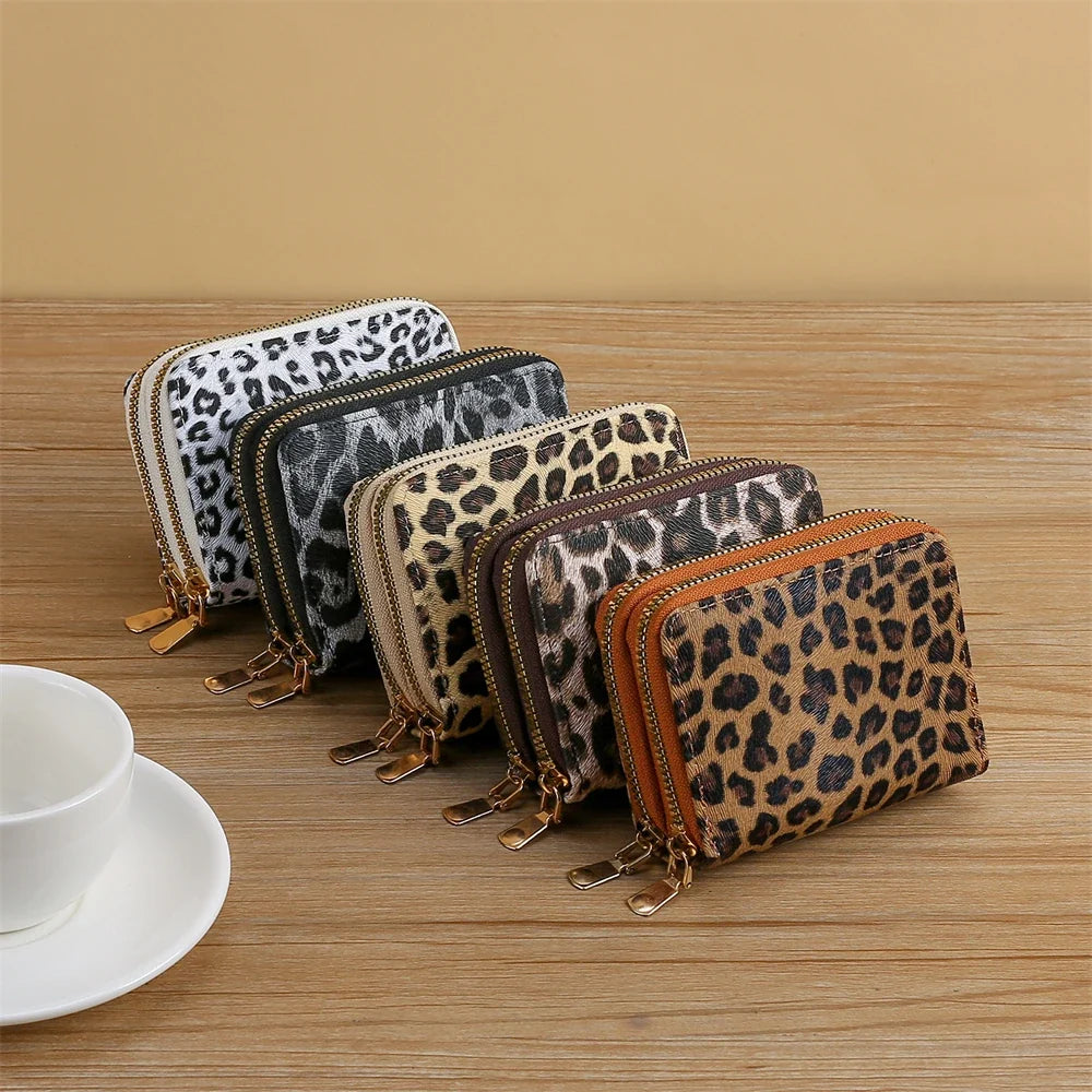 Compact Women's Leopard Print PU Leather Wallet with Double Zip and Large Capacity