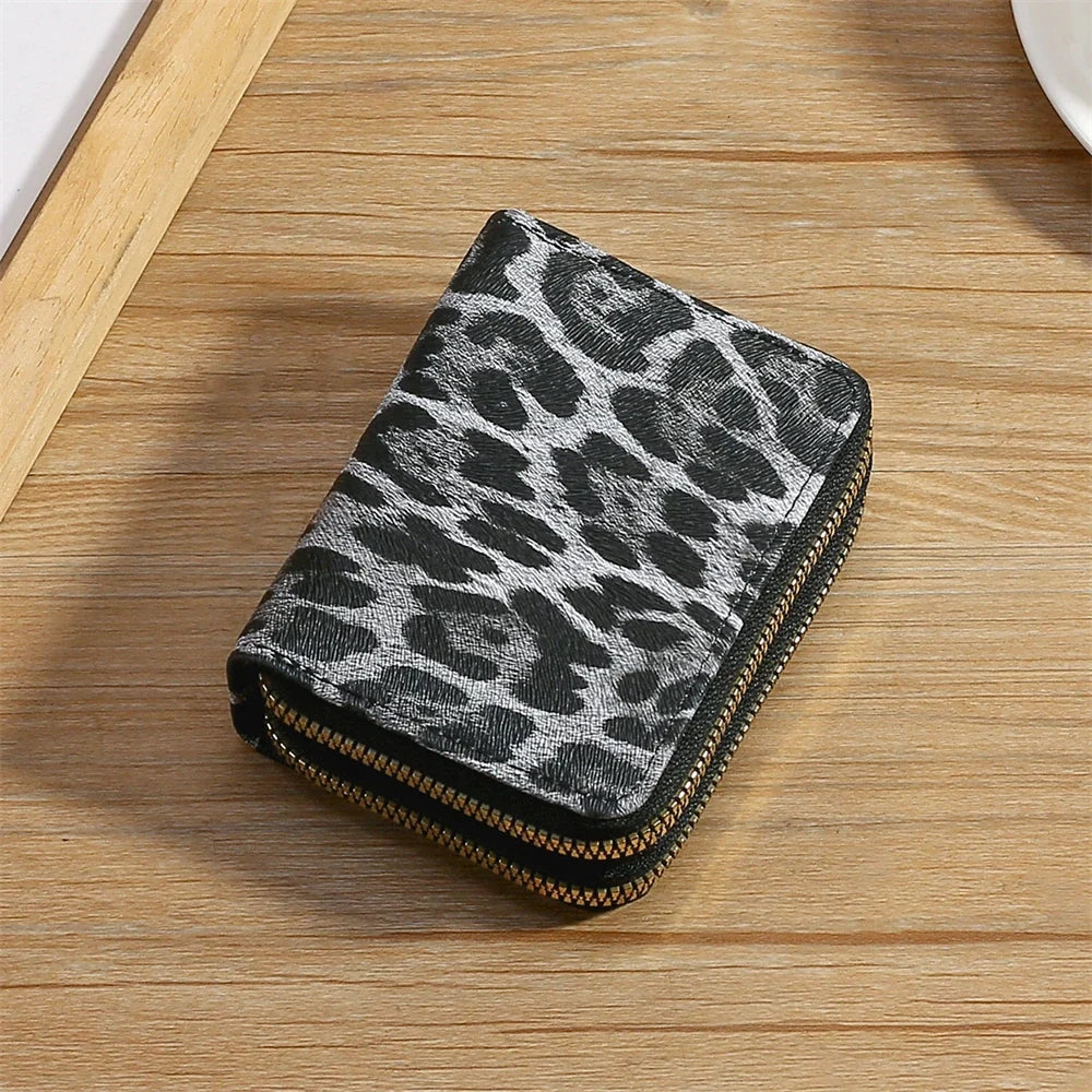 Compact Women's Leopard Print PU Leather Wallet with Double Zip and Large Capacity