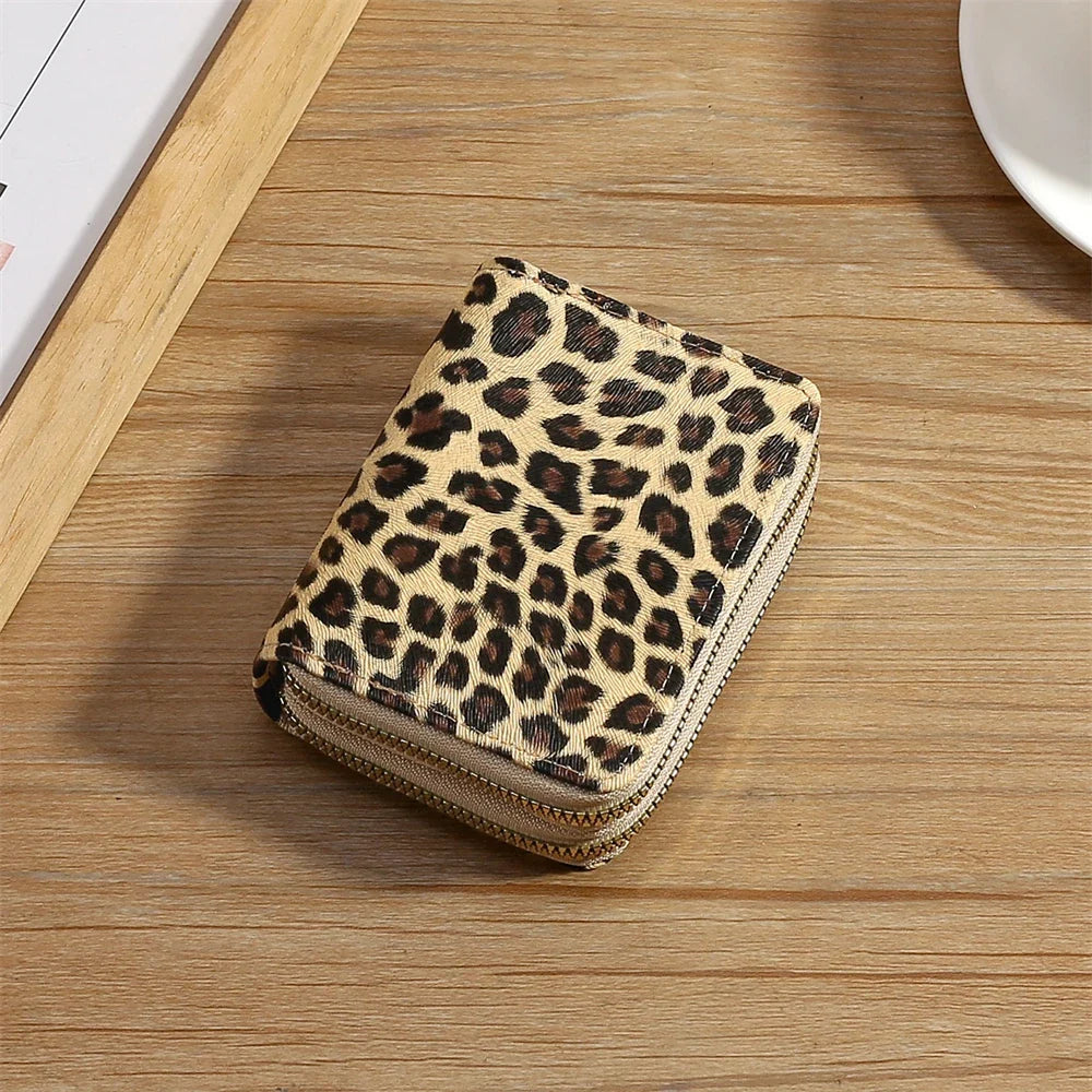 Compact Women's Leopard Print PU Leather Wallet with Double Zip and Large Capacity
