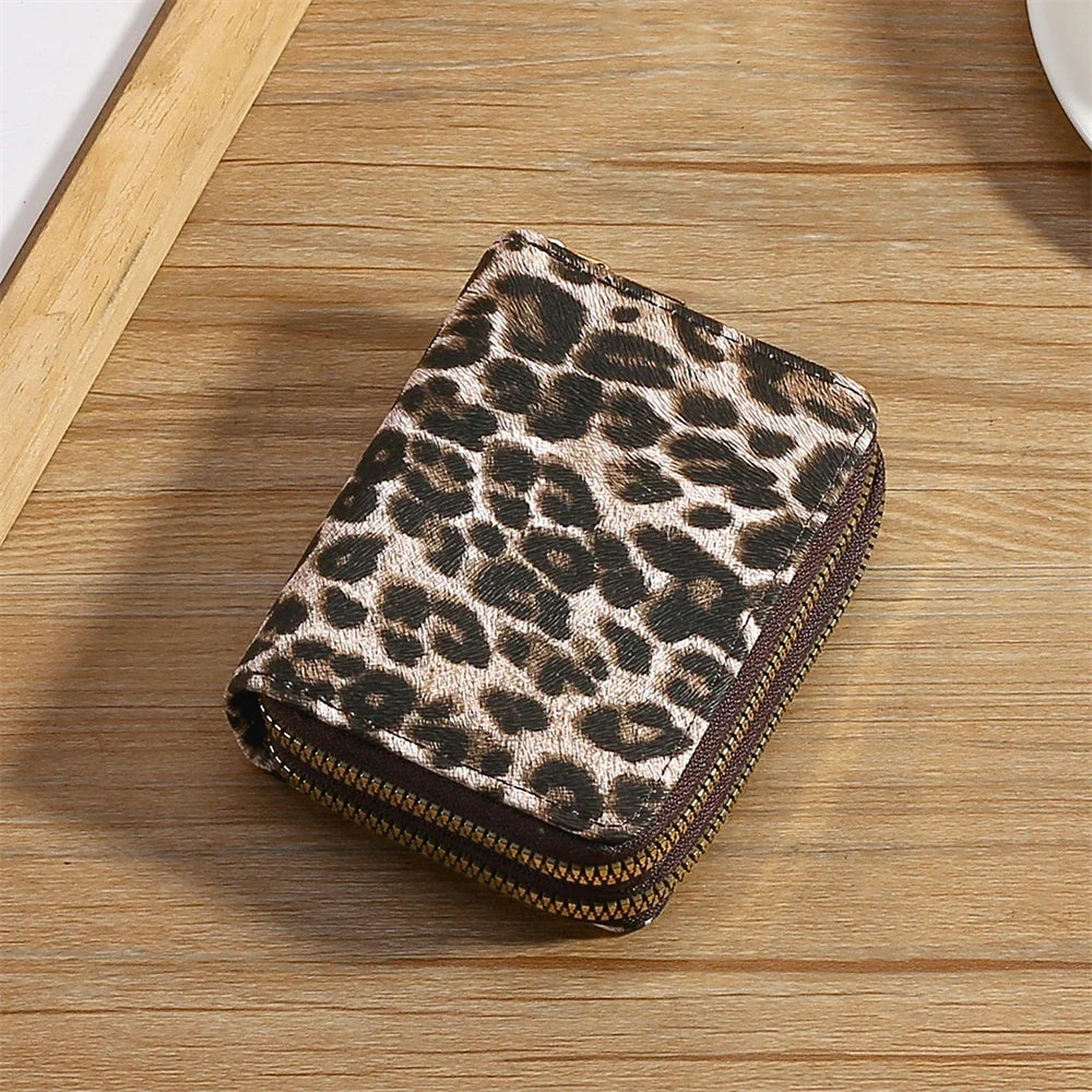 Compact Women's Leopard Print PU Leather Wallet with Double Zip and Large Capacity
