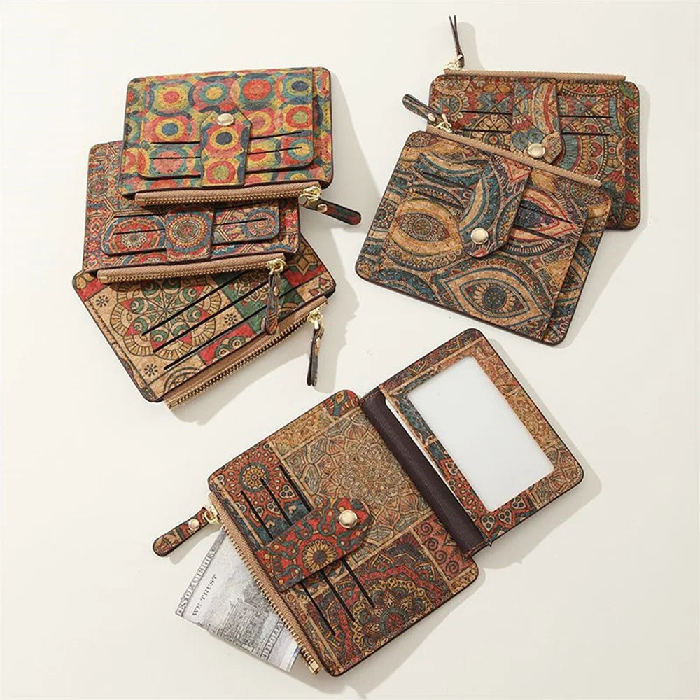 Elegant compact zippered multi-compartment cork wallet