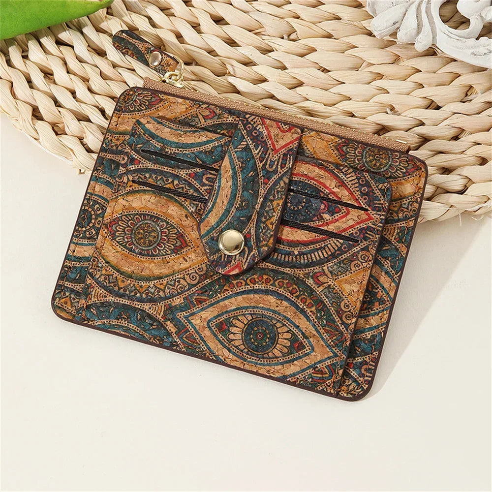 Elegant compact zippered multi-compartment cork wallet