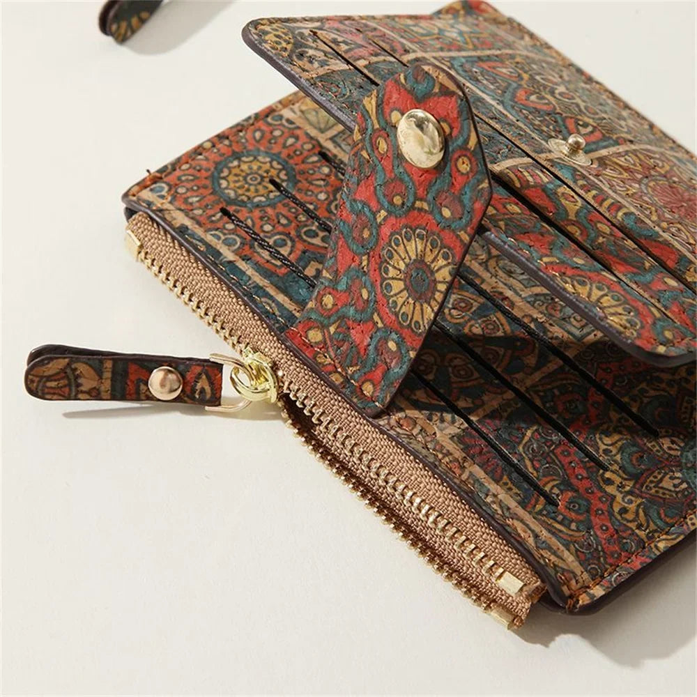 Elegant compact zippered multi-compartment cork wallet