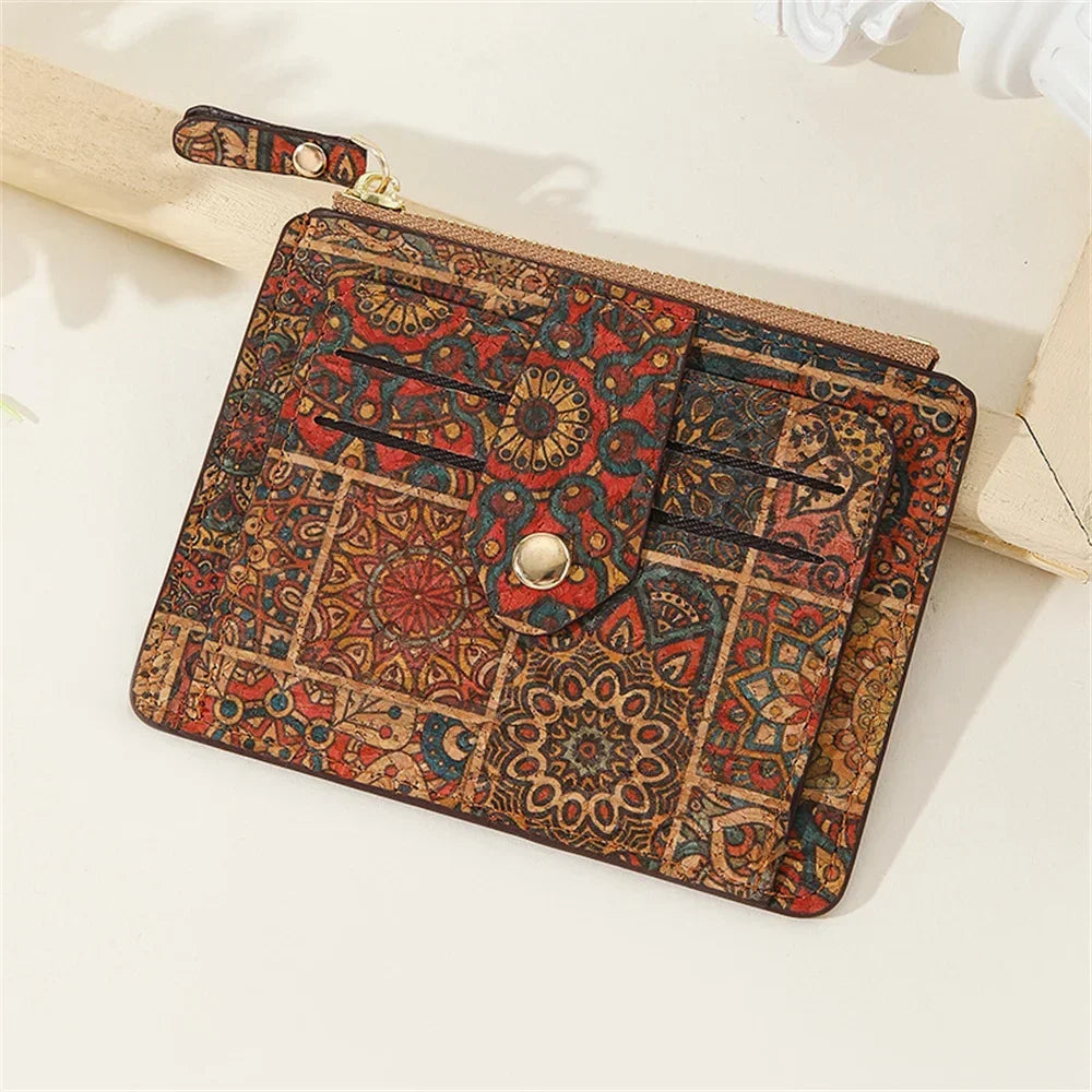 Elegant compact zippered multi-compartment cork wallet