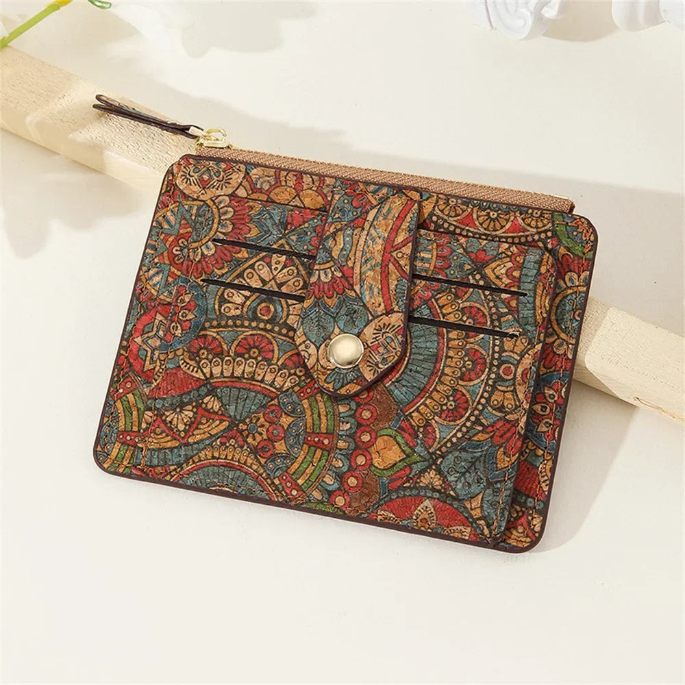 Elegant compact zippered multi-compartment cork wallet